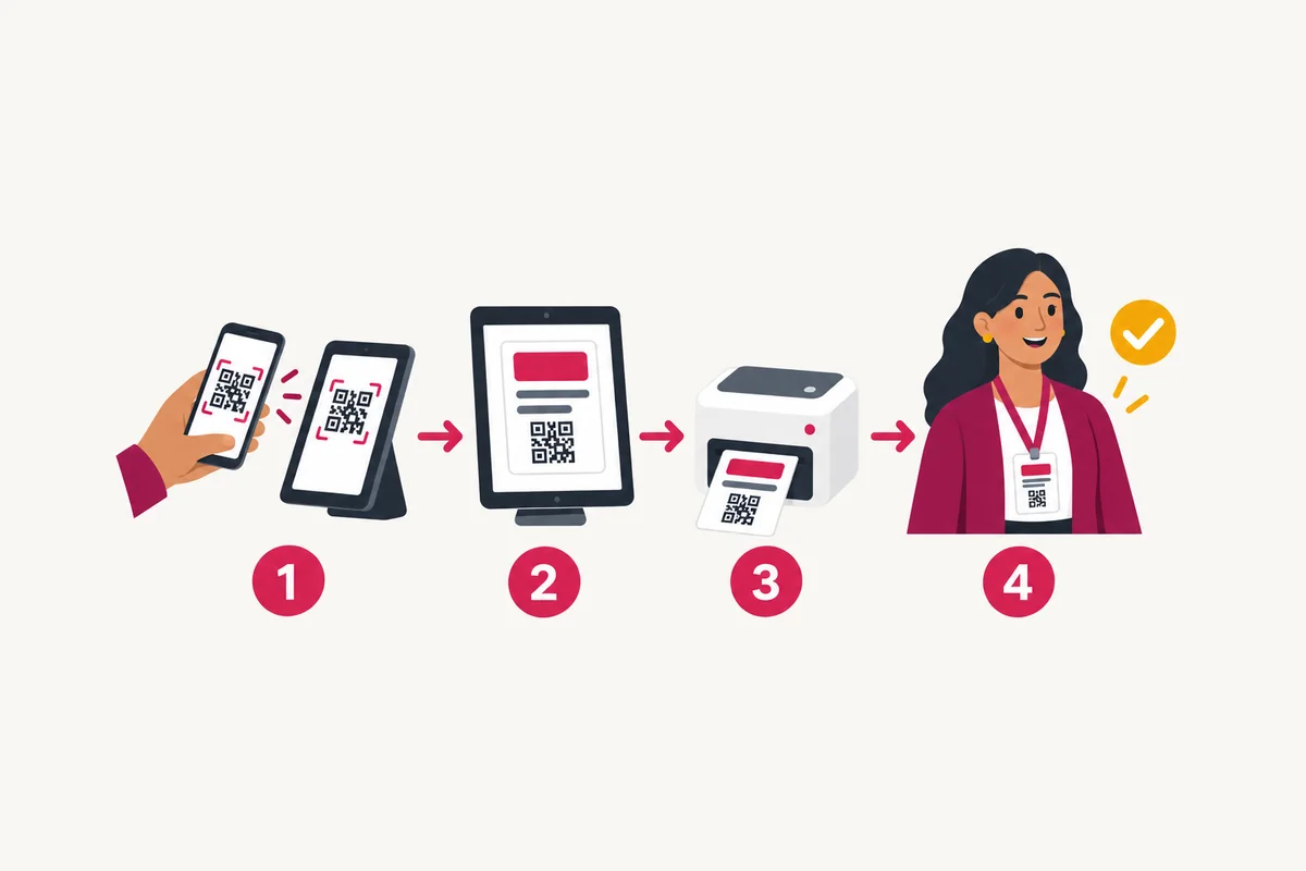 Four steps: a phone with a QR code is held to a tablet, the tablet shows a badge preview, a label printer prints the badge, and the attendee wears it on a lanyard.