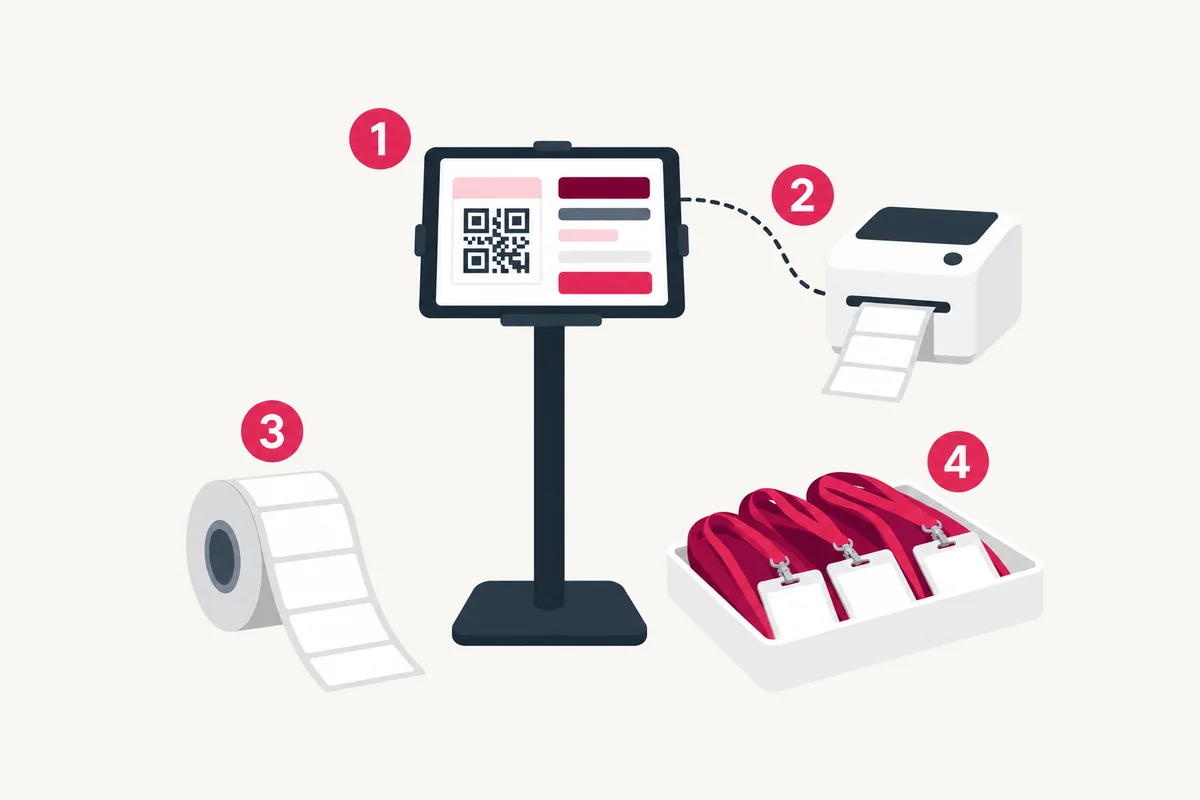 A kiosk station: a tablet on a floor stand (1), linked to a thermal label printer (2), with a roll of gap labels (3) and a tray of lanyards (4).