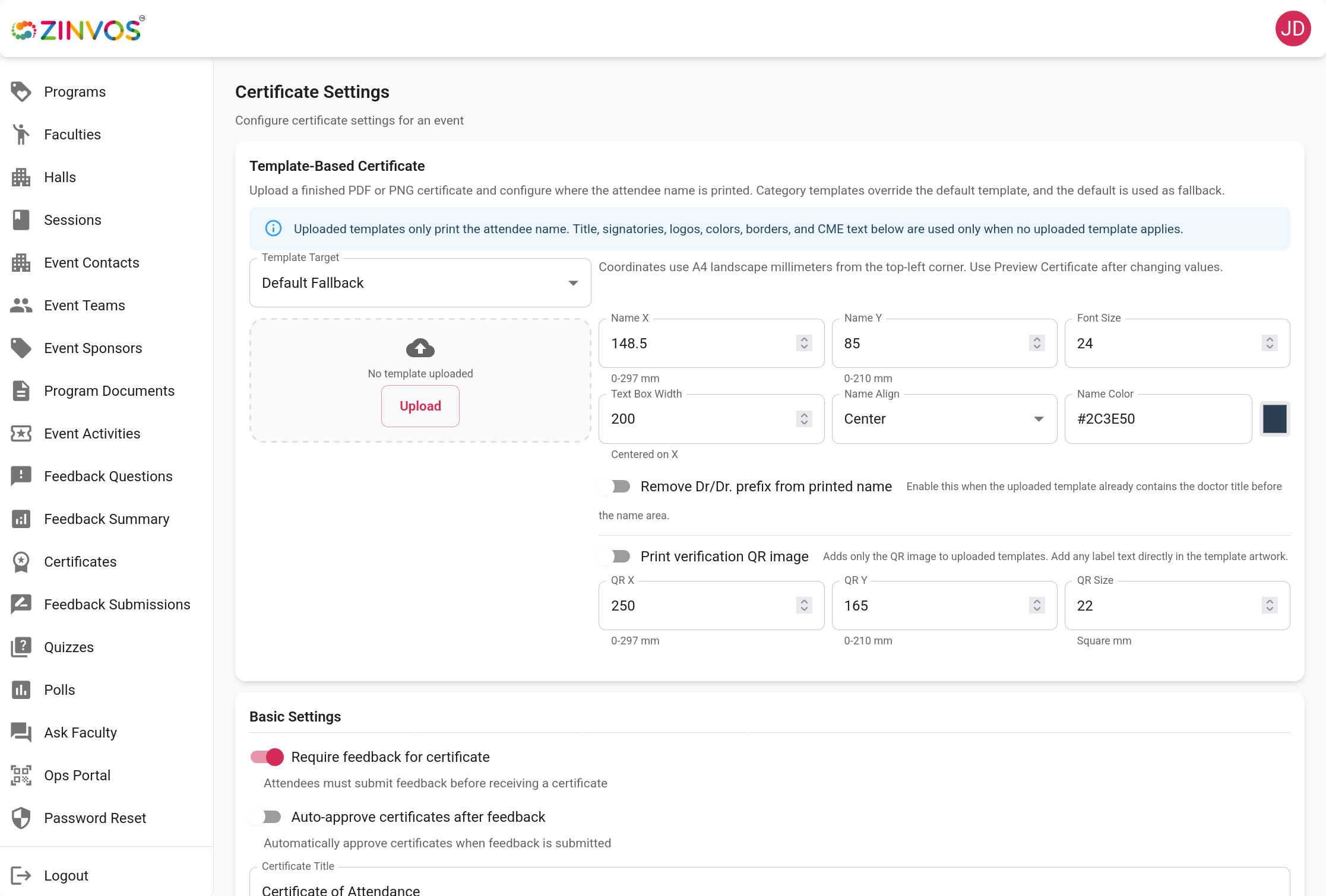 Certificate settings in the admin dashboard