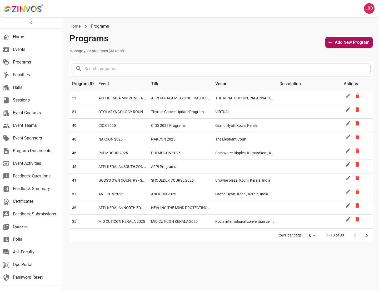 Programs list in the admin dashboard