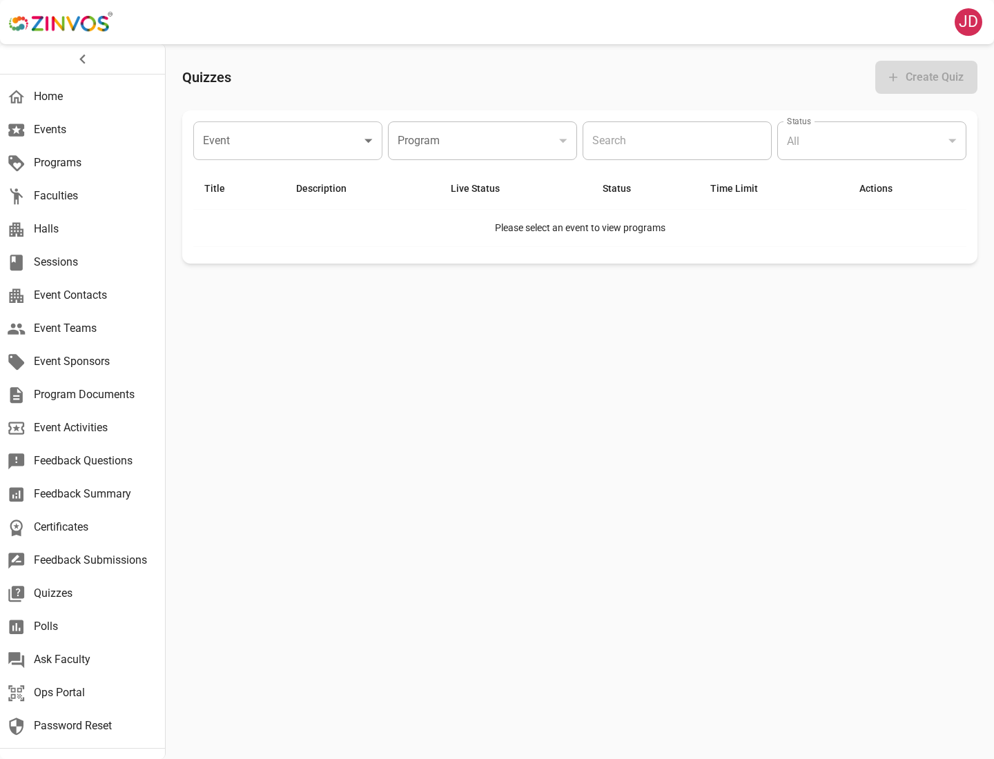 Quiz list in the admin dashboard