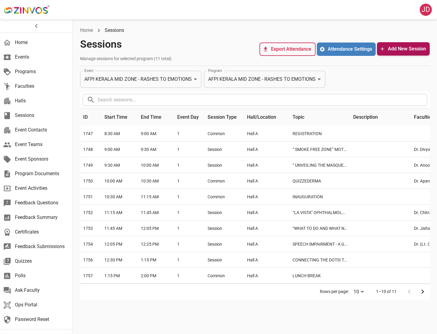 Sessions list in the admin dashboard