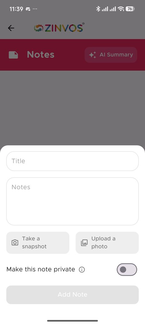Mobile add note sheet