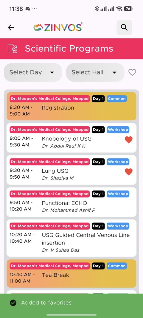 Mobile sessions list with favorites